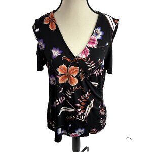 Carmen Womens Blouse Floral Wrap Cold Shoulder Short Sleeve Black Size L